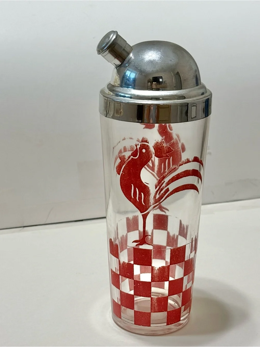 Vintage Drunken Rooster Cocktail Shaker - Red & White Checkered Rooster 10.5” T
